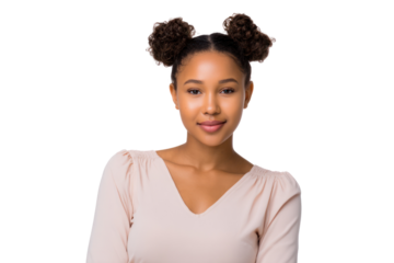 Confident Gaze: A young woman with a natural beauty radiates confidence with a soft smile, her gaze captivating the viewer, while sporting stylish double buns.  
