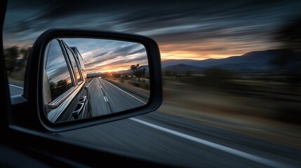 Sunset Road Trip:  Reflection in the Side Mirror. Capturing the last glimpse of the day on a long drive, chasing the horizon. Motion blur adds drama.