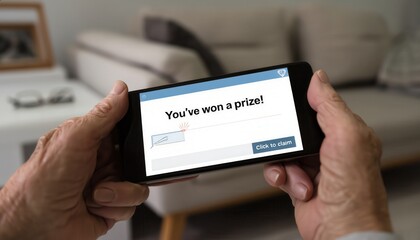 Excited Winner Holding Smartphone Displaying Prize Notification in Modern Living Room