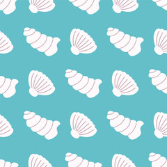 Seashells on blue water background. Seamless pattern nautical theme. Summer beach calm print, vector graphic