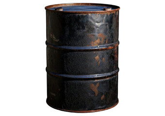Old rusted Black steel oil barrel isolated on transparent or white background