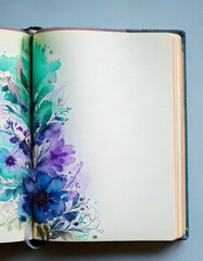 Open book with blank pages and floral watercolor design on the side, providing space for text or images.