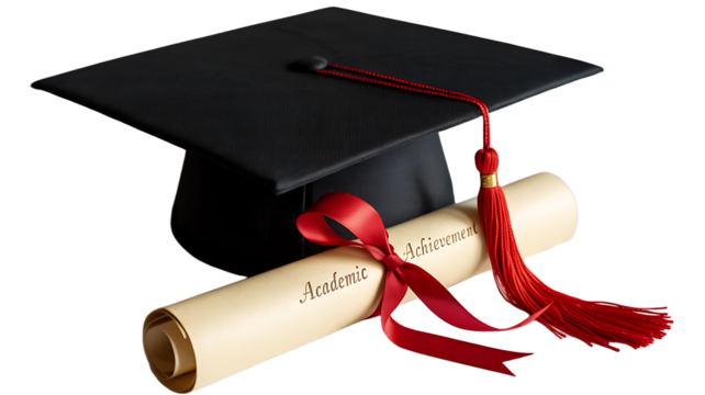 Graduation cap with red tassel and rolled-up diploma tied with red ribbon on white background