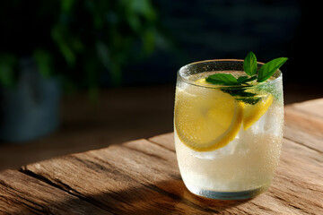 Refreshing cocktail with lemon slices and mint leaves on a rustic wooden table in a cozy setting