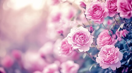 Obraz premium Beautiful Pink Roses Blooming in Soft Light Garden Romance buds bush fresh flora plant macro image