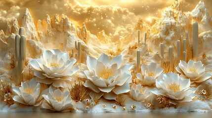 Embossed desert scene with blooming cacti and radiant golden background high resolution image