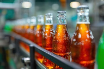 Bottling plant line with row of glass bottles, conveyor for the bottling process, industrial bottling, beverage production, soft drinks, liquid products being manufactured.