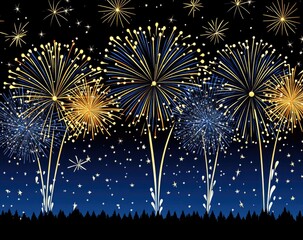 Fireworks exploding in the night sky over dark silhouettes. Vivid bursts of gold, blue, and orange fireworks against a dark night sky, scattered with stars