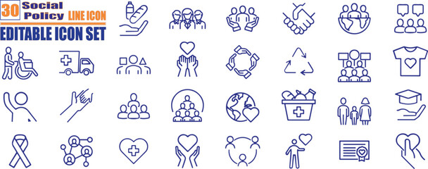 Social Policy Line Editable Icons set. Healthy, society, protection, service etc. Editable stroke