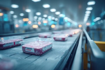Fresh meat packaged in plastic containers moves along a conveyor belt in a food processing factory, showing modern industrial food production and safety measures.