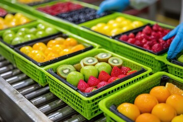 Freshly Sorted Fruits on a Conveyor Belt in a Food Processing Plant, showcasing vibrant colors and quality control, ready for packaging and distribution to retailers.
