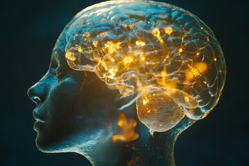 Digital illustration of a translucent head and glowing brain.