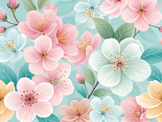Beautiful pastel floral pattern with pink, white, and yellow blossom flowers