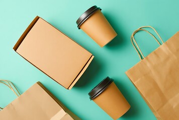 Sustainable Packaging Design featuring eco-friendly paper bags and coffee cups on a teal background