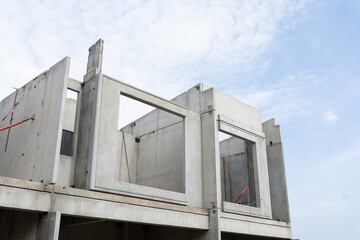 Concrete wall, Precast, Construction site. House structure under construction. Housing Estate Construction. Housing estate projects under construction
