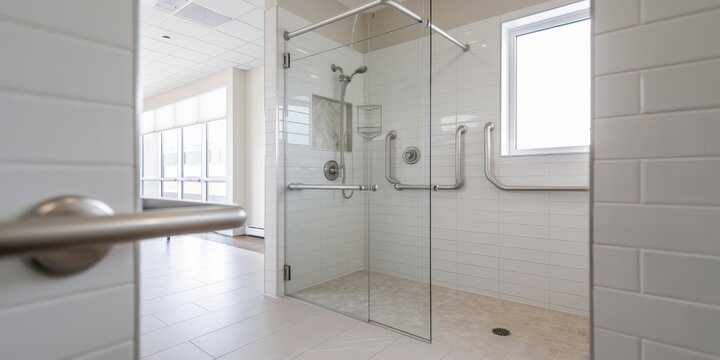 Senior living homes options concepts. Modern bathroom with a glass shower enclosure and accessible features.