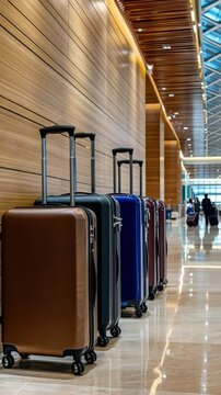 Travelers prepare for departure at a modern airport with rolling suitcases lined up along the stylish terminal hallway