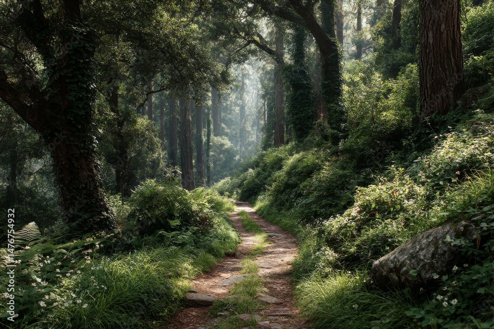 Aufkleber A Path Through Emerald Canopy: Sunlight Streams Through Dense Foliage in a Lush Forest Landscape