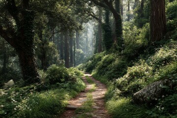 Fototapeta premium A Path Through Emerald Canopy: Sunlight Streams Through Dense Foliage in a Lush Forest Landscape