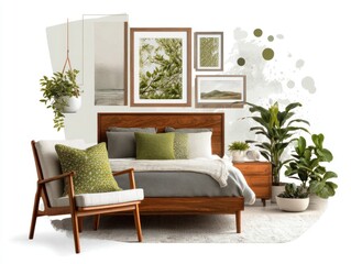 Fototapeta premium This mood board features a stylish bedroom design with green accents and natural elements