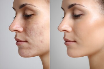 Obraz premium Woman showing skin rejuvenation progress after acne treatment