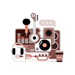 Artistic composition of color musical and audio objects isolated on a white background Sound Recording Studio vector illustration.