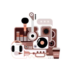 Fotobehang Artistic composition of color musical and audio objects isolated on a white background Sound Recording Studio vector illustration. ©  danjazzia