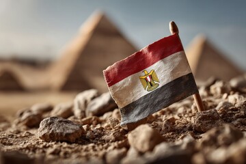 An Egyptian flag stands on the arid ground of the desert near the great pyramids, representing the country's rich cultural heritage and ancient history of civilization.