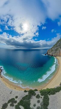 Aerial view of a beach, cliff above the water - 360 loop video