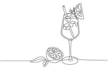 Tropical summer drink with ice cubes & citrus fruits line drawing. Gin & tonic / aperol spritz cocktail line art. Handdrawn vector illustration. Editable stroke. Isolated on transparent background