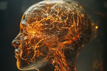 Translucent human head model with highlighted neural pathways.