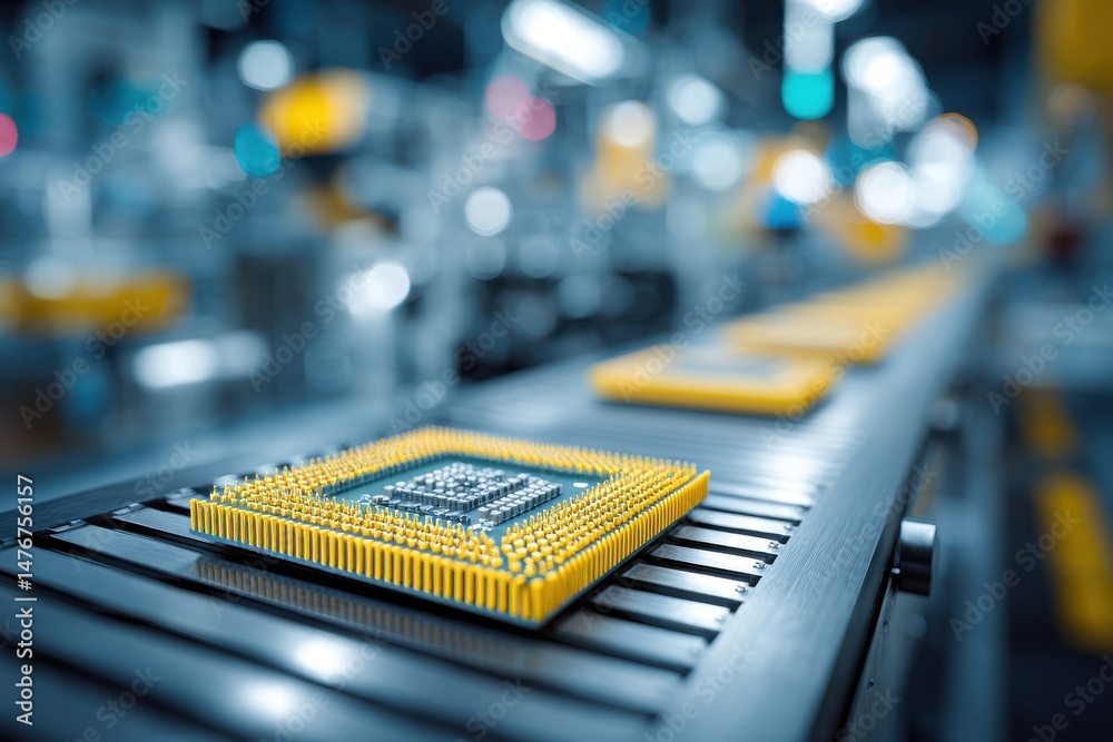 Poster close-up of a microchip on an assembly line, demonstrating the intricate details of modern electroni
