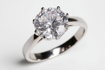 Close up shot of a sparkling engagement ring with a large, round brilliant cut diamond, set in a white gold band, on a clean white background, studio shot.