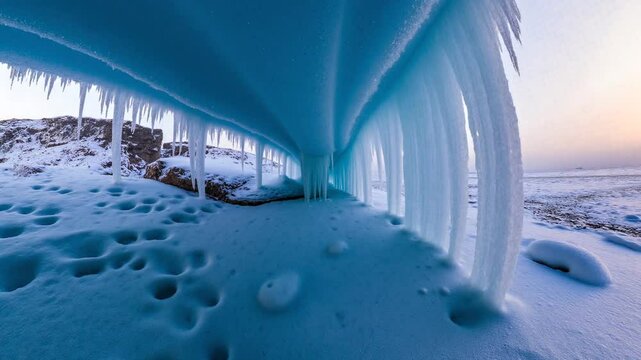 Dawn in an ice cave with icicles - 360 loop video