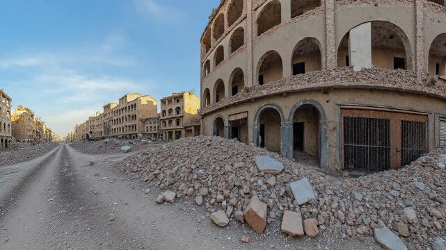Destroyed buildings in the streets of a city, clear sky, war torn city - 360 loop video