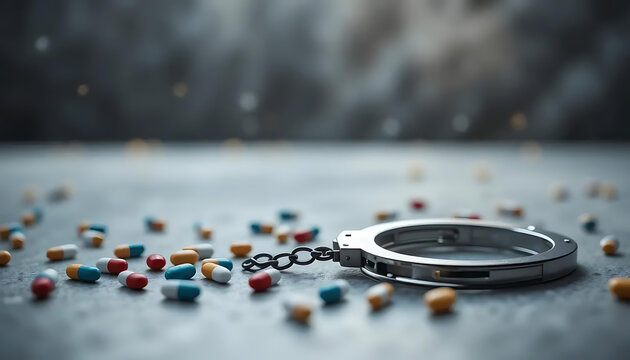 Handcuffs are placed amidst scattered pills, indicating drug use related to the crime. depicting a drug offense, arrest, or substance abuse.