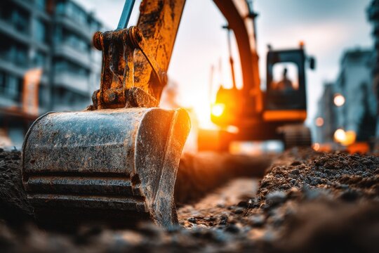 A powerful excavator digging in the ground on a construction site, illuminated by the bright sunlight and surrounded by buildings, showcasing industrial progress and development.