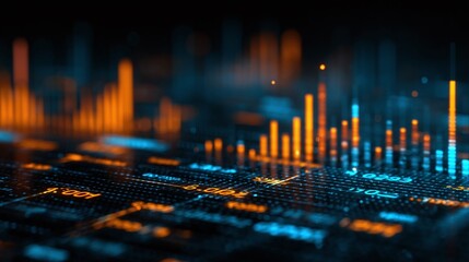 Abstract data visualization: glowing orange and blue lines and bars on a dark background representing complex data analysis and digital information flow.