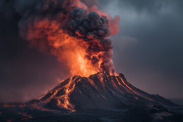 Volcano erupting with lava and ash cloud at twilight