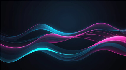 Abstract background with glowing lines. Dark horizontal background of wavy bright blue pink lines. Modern technology futuristic concept.