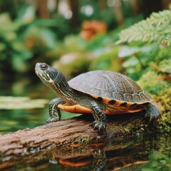 Naklejka premium Turtle Resting on a Mossy Log by the Water's Edge in a Tranquil Green Setting, Wildlife Observation