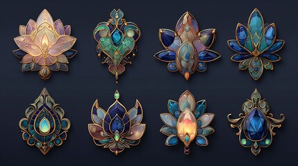 Fototapeta premium Ornate gems collection set in stylized floral designs and precious metal, evoking a mystical, elegant aesthetic.