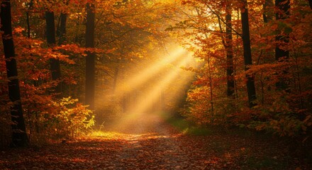 Obraz premium Autumnal forest path bathed in sunlight