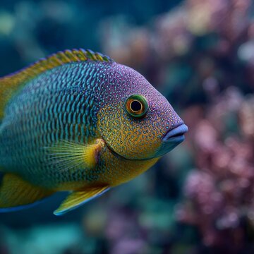 Vibrant Portrait of a Harlequin Tuskfish: A Colorful Underwater Beauty Against a Coral Reef Backdrop