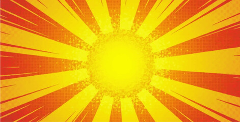 Abstract vector yellow orange comic style halftone zoom lines background.