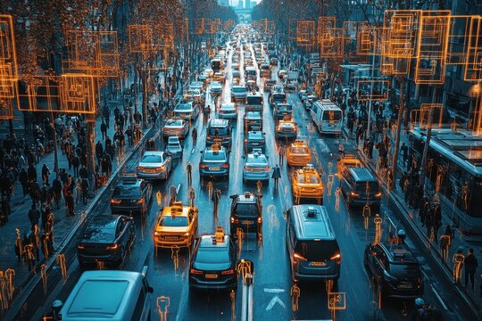 Busy urban street filled with vehicles and pedestrians during evening rush hour with digital overlays depicting movement