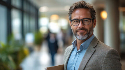 Fototapeta premium Confident Businessman in Formal Suit at Office Hallway Corporate Portrait