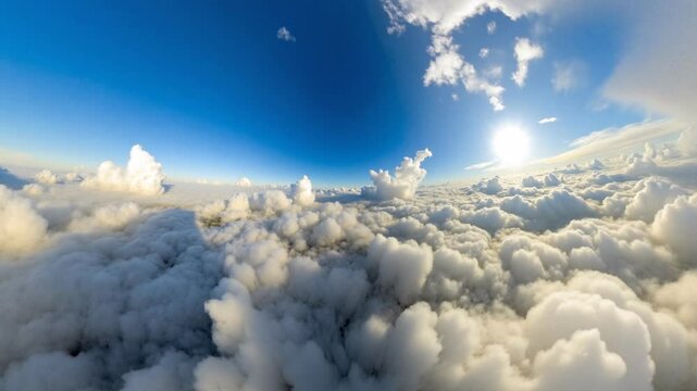 A vibrant rainbow arcing through fluffy, sunlit clouds - 360 loop video