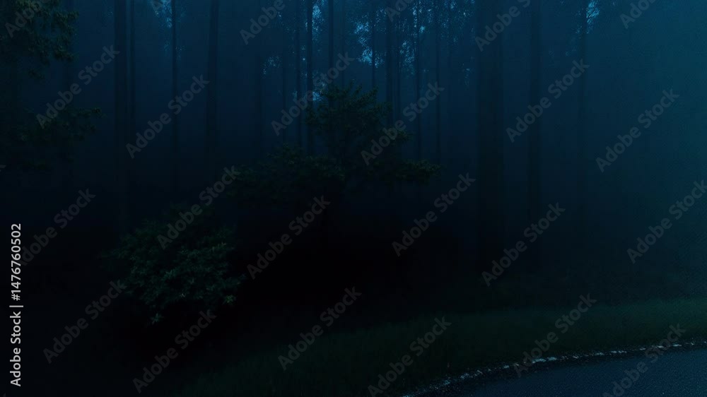 Poster serene and mysterious foggy road surrounded by dark green forest in twilight - 360 loop video