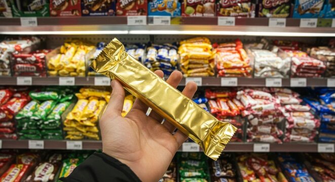 Gold wrapped candy bar in hand, grocery aisle